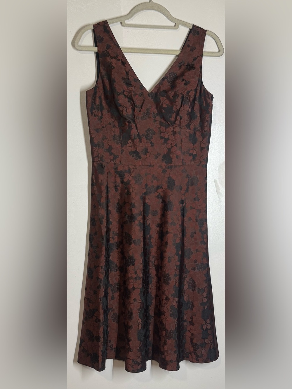 Ann Taylor LOFT Brown Black Floral Silk Brocade V-Neck Dress Silk Grunge Fairy